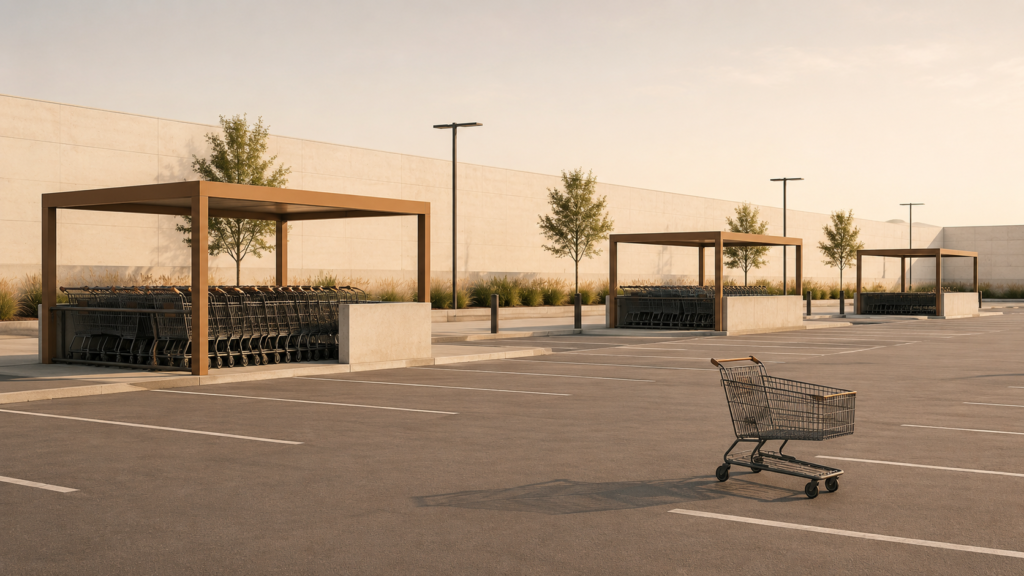 Minimalist editorial illustration of an orderly parking lot with shopping cart return bays and one abandoned cart, representing voluntary cooperation and community systems.