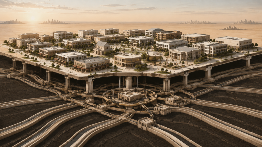 Architectural illustration showing neighborhood economic foundations where most capital flows outward through hidden ownership systems instead of circulating locally.