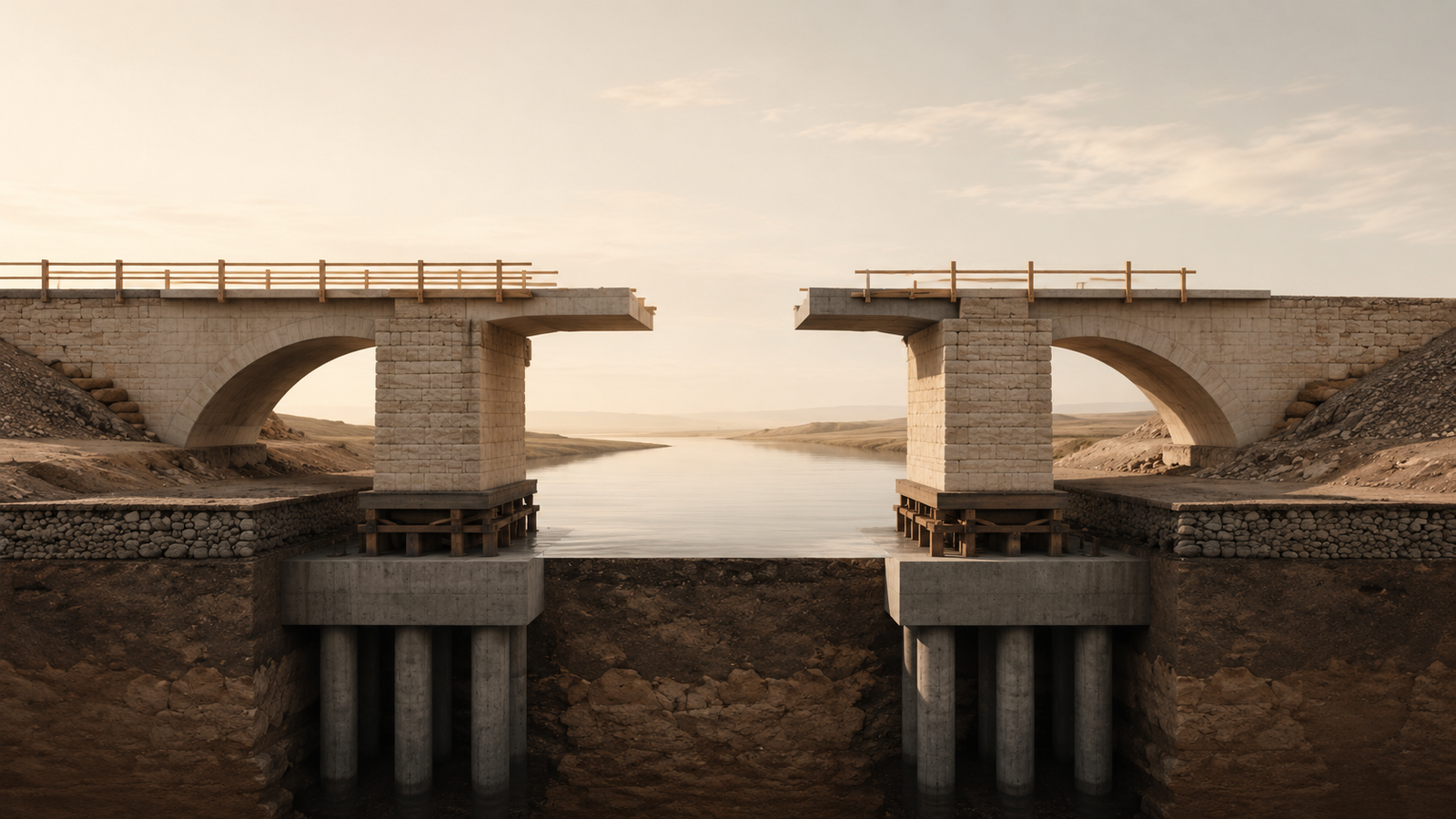 why relationships fail early shown through two unfinished stone bridges that almost connect but remain structurally misaligned