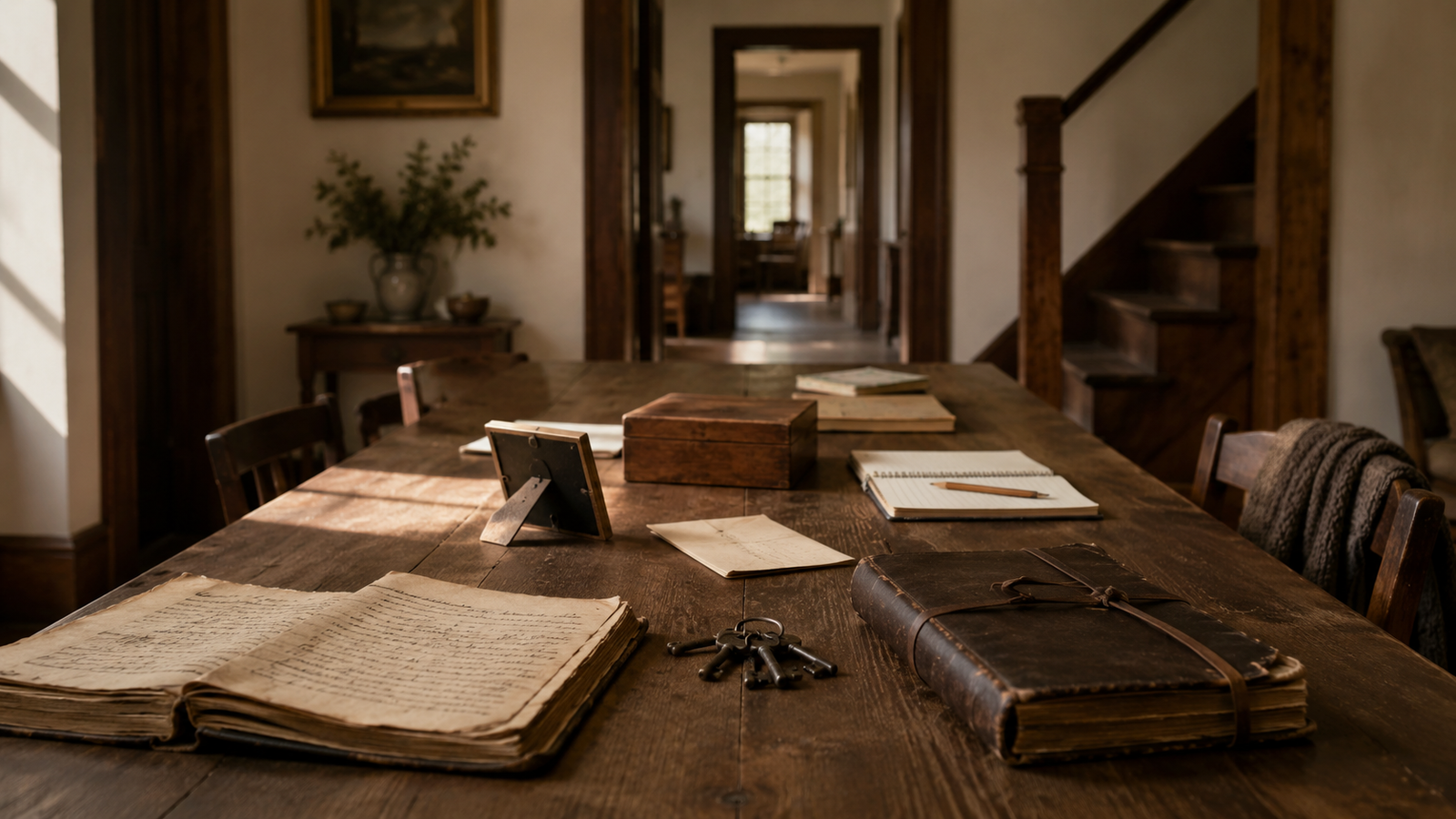 Family legacy and generational structure represented by household records, keys, journals, keepsakes, and a child's notebook arranged across a long wooden table in a stable home