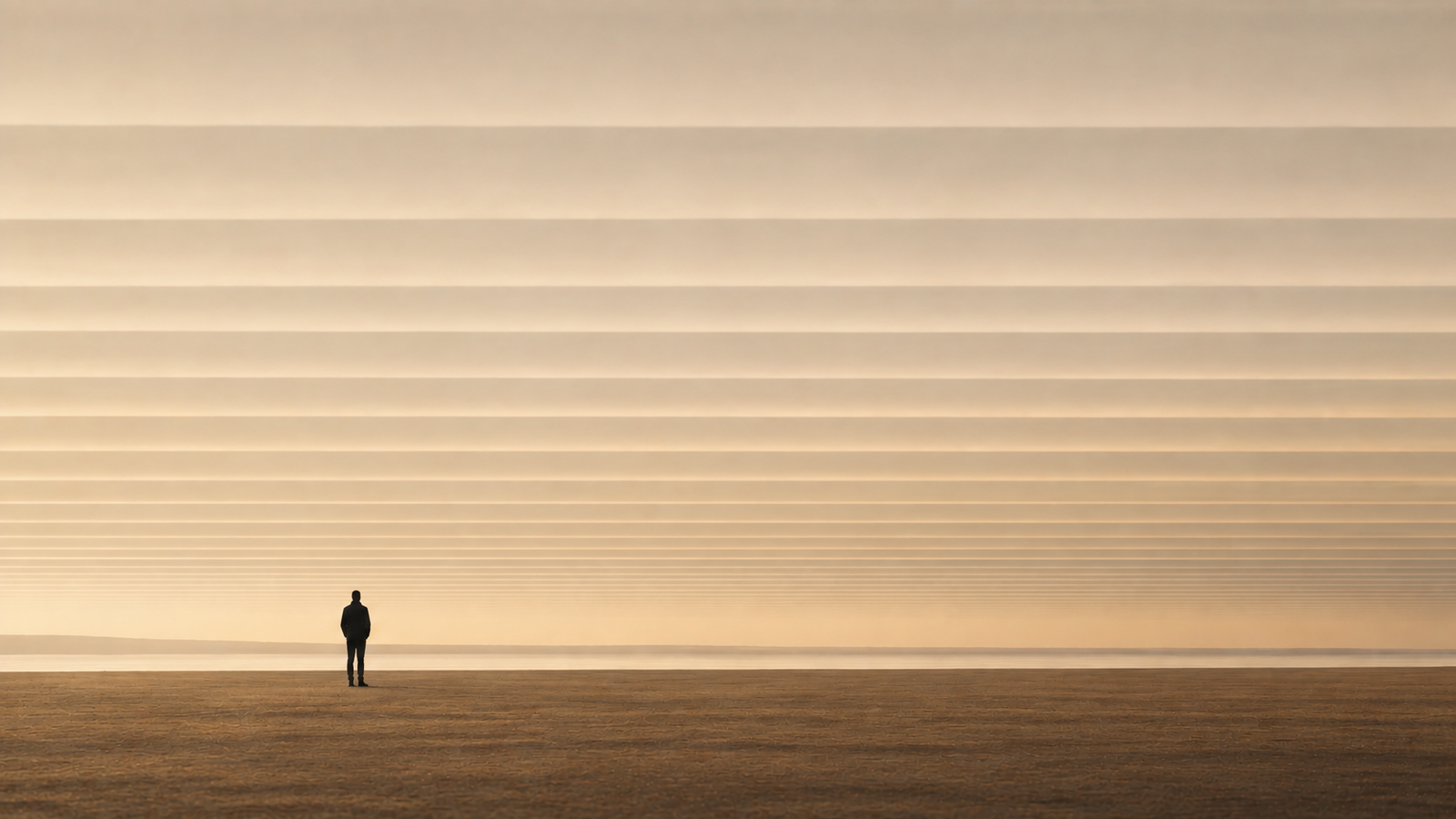 Minimalist atmospheric illustration of a solitary figure beneath increasingly compressed horizontal sky bands, representing the early conditions that can develop before burnout.