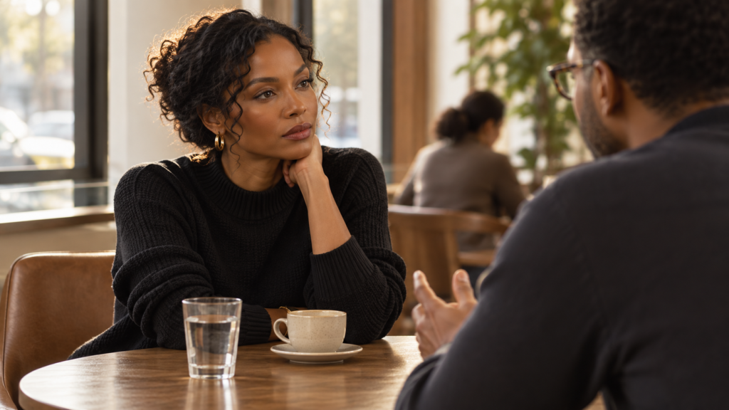 Emotional privacy shown in a quiet conversation where one person pauses thoughtfully without explaining everything they feel.