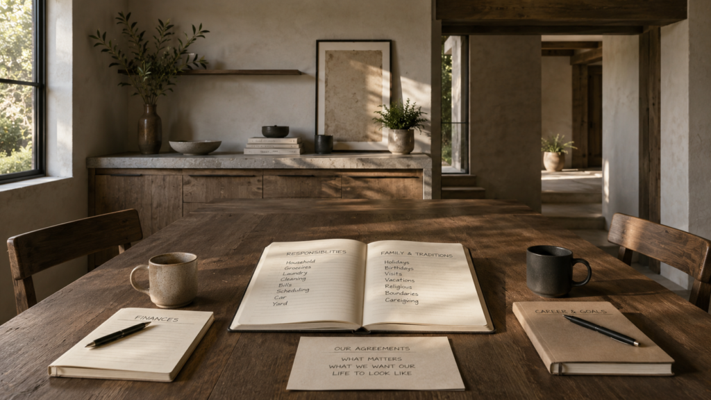 Shared household table with separate notes for finances, responsibilities, family traditions, and career goals, representing unspoken relationship expectations.