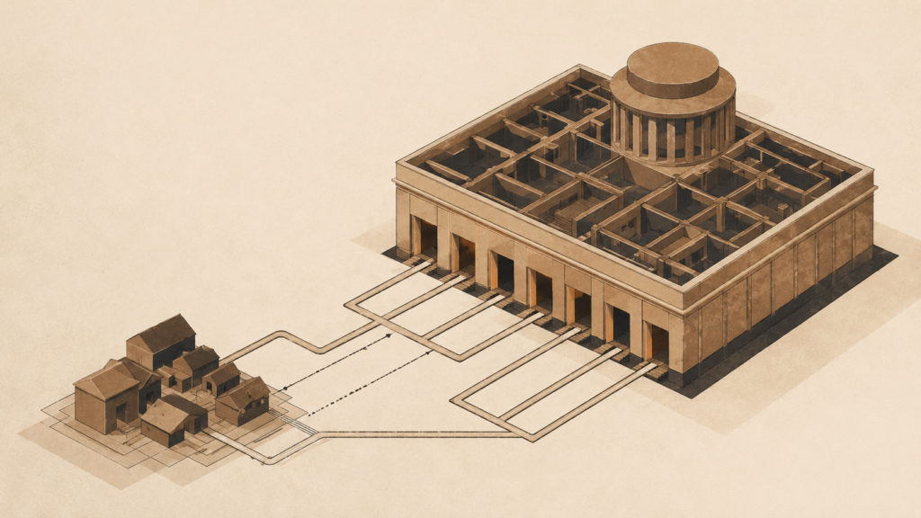 Minimalist architectural illustration representing The Great Incorporation and the shift from collective Black advocacy to institutional market access.