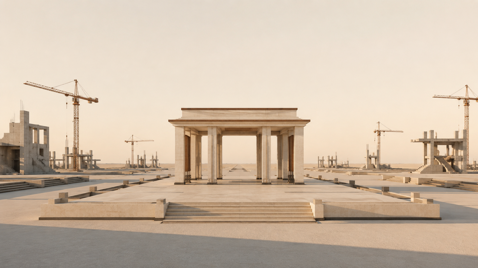 The Peace of Enough | Wisdom Wednesday | Groundwork Daily Minimalist architectural illustration of a completed limestone pavilion surrounded by unfinished architectural expansions, symbolizing contentment, proportion, gratitude, and the wisdom of recognizing enough.