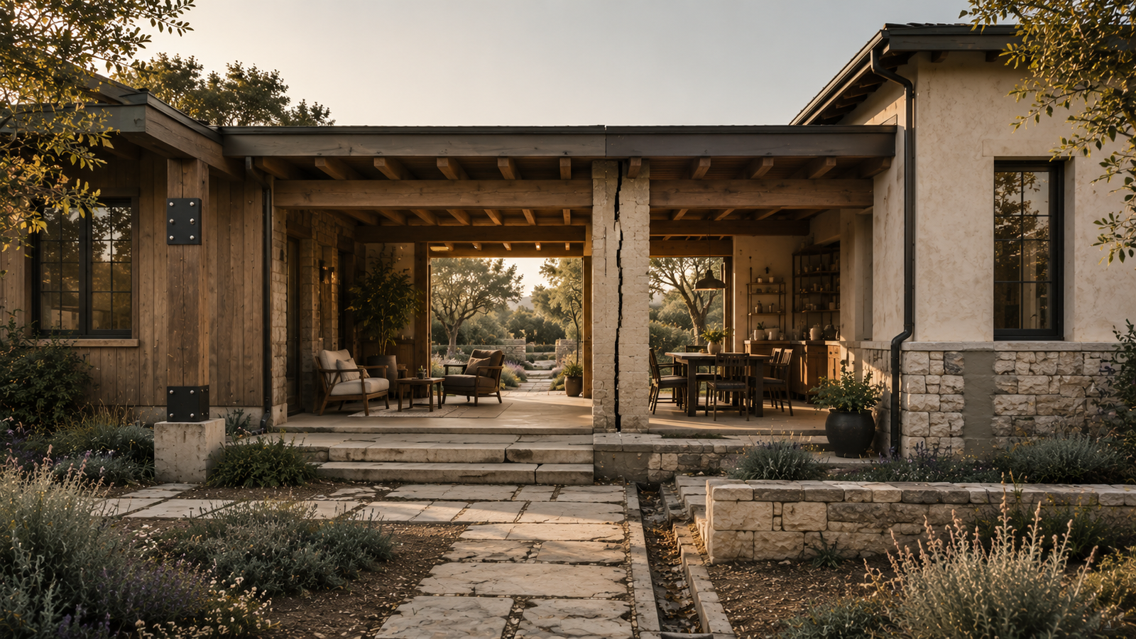 A stable shared home with subtle worn joints and repaired structural details, illustrating relationship maintenance before small issues become major problems.