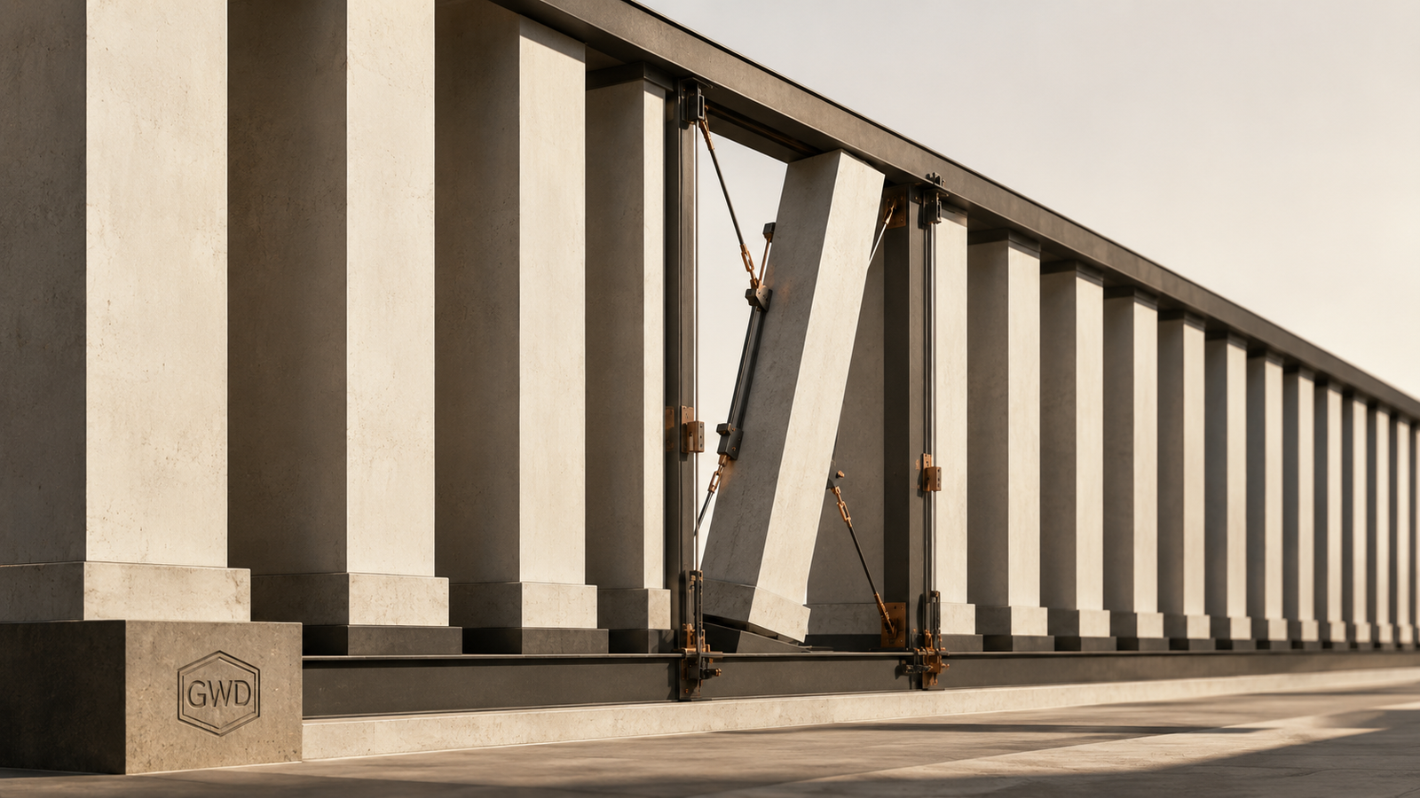 Architectural correction system guiding a displaced structural column back toward alignment.