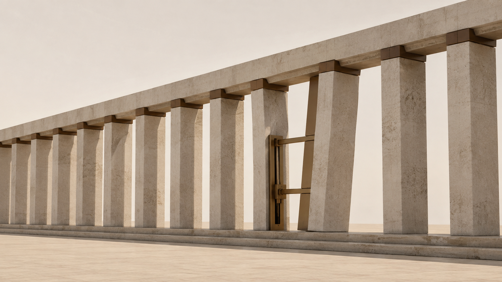 Accountability Is a Form of Strength represented by aligned limestone frames and a structural brace correcting one frame that has begun to move out of alignment.
