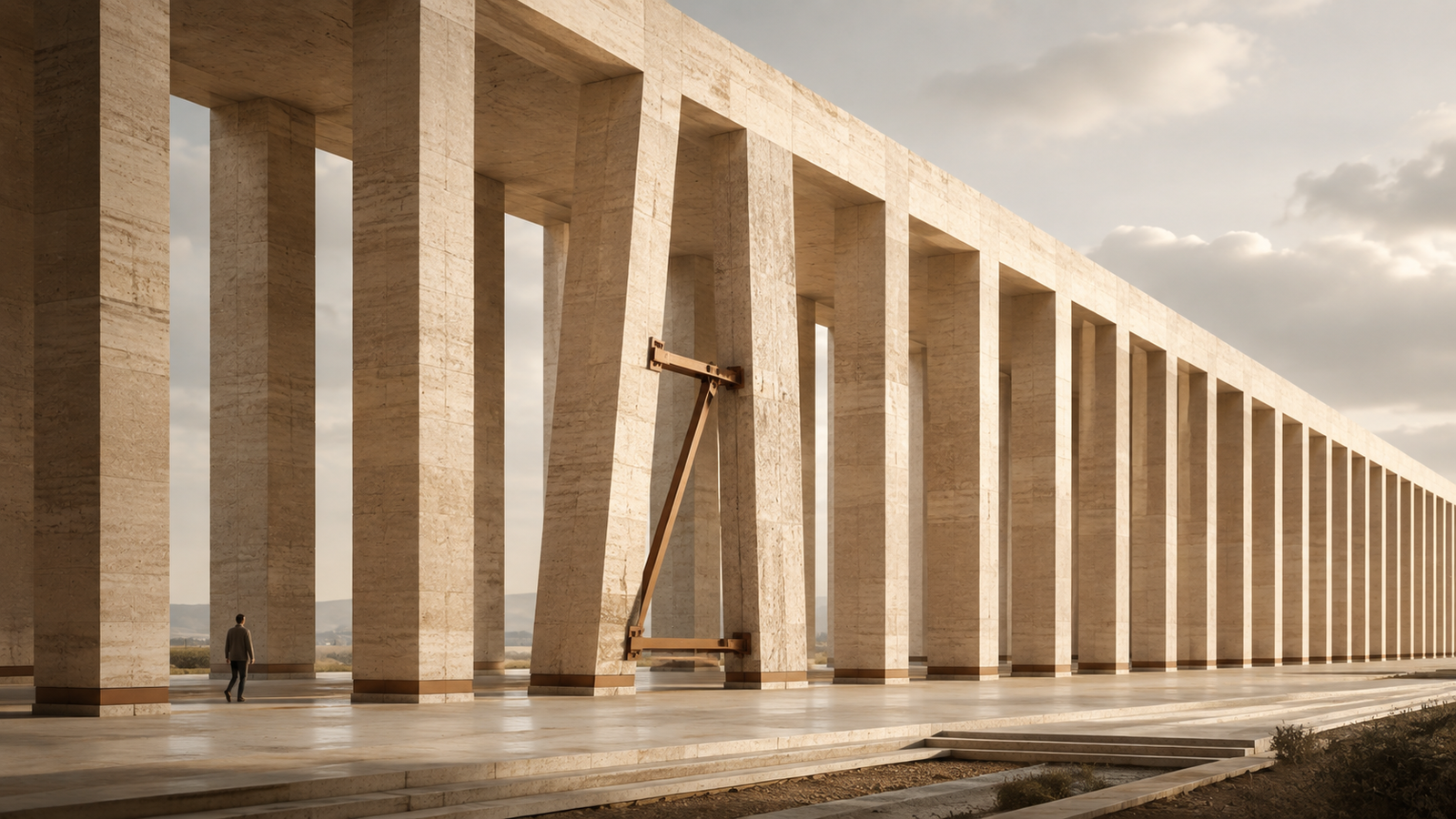 Accountability represented through aligned structural frames and a corrective brace restoring an element that has drifted from its intended position.