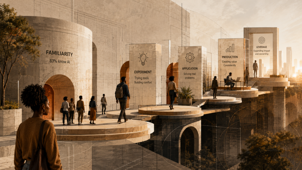 Architectural illustration showing Black workers moving through connected pathways from AI familiarity toward practical capability, production, and leverage.