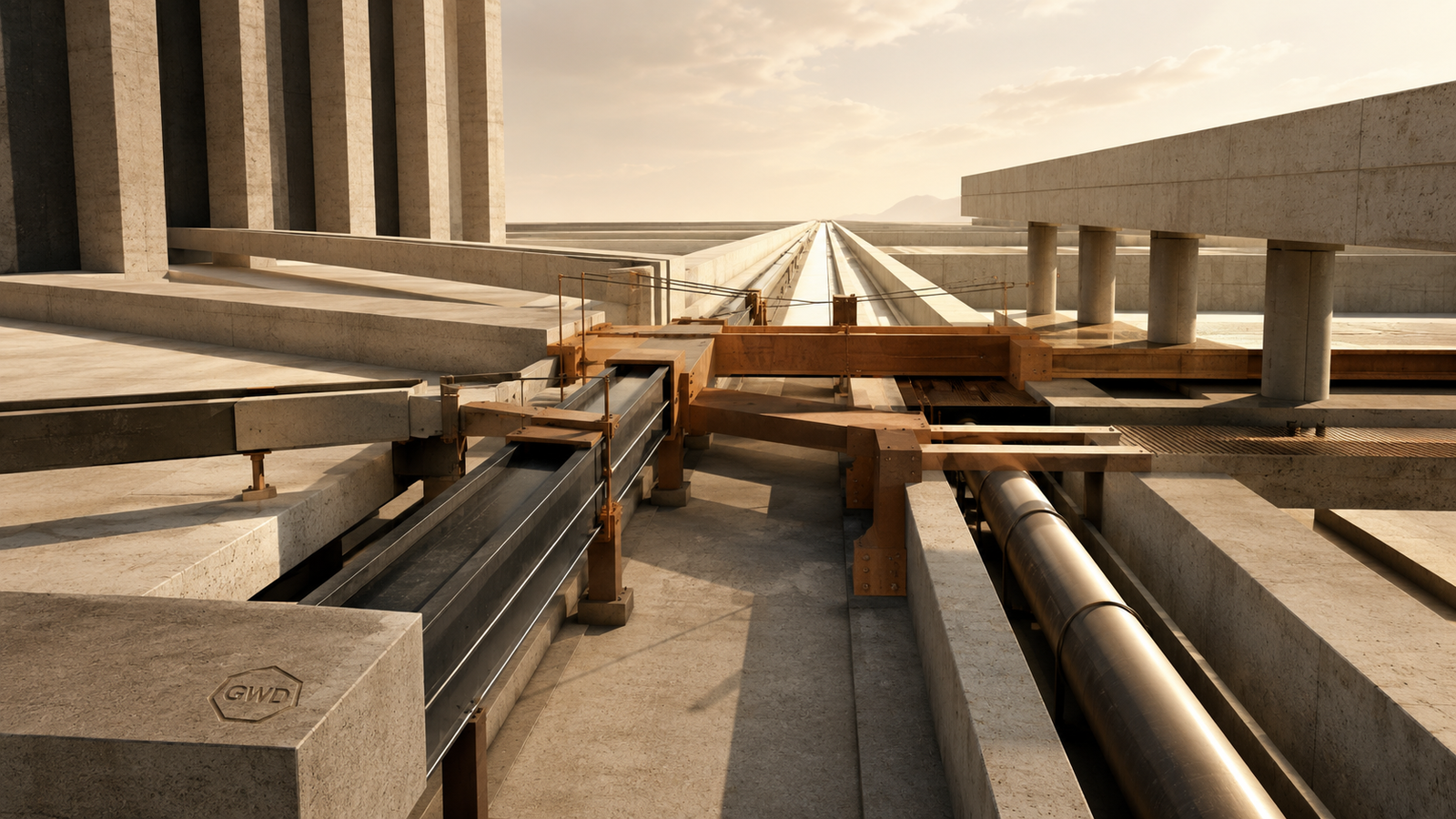 Distinct architectural pathways and load-bearing systems becoming coordinated through shared structural supports and a common direction.