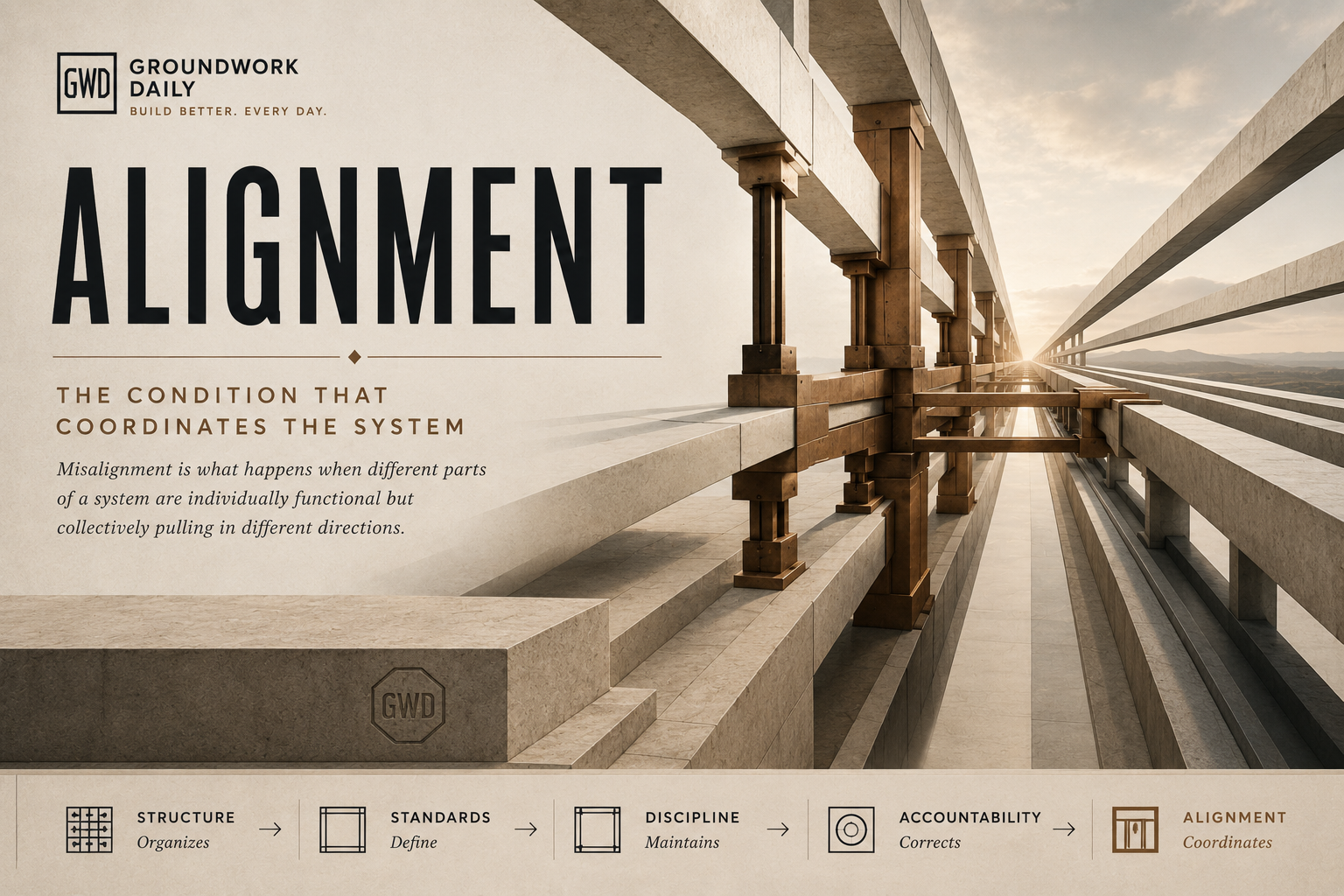 Alignment shown through Groundwork Daily architecture as distinct structural pathways becoming coordinated around a shared direction.