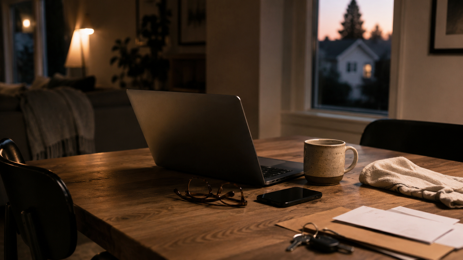An open laptop and phone remain on a dining table as the home moves into evening.
