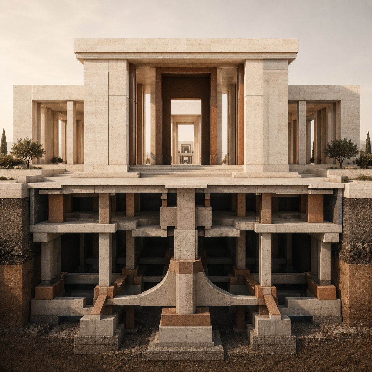 Architectural illustration representing André Toussaint through an elevated limestone structure supported by interconnected foundations, strategic load paths, and a central structural core.
