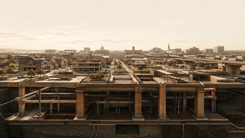 Interconnected homes, businesses, civic buildings, and infrastructure built on visible foundations representing ownership, responsibility, and lasting institutional power.