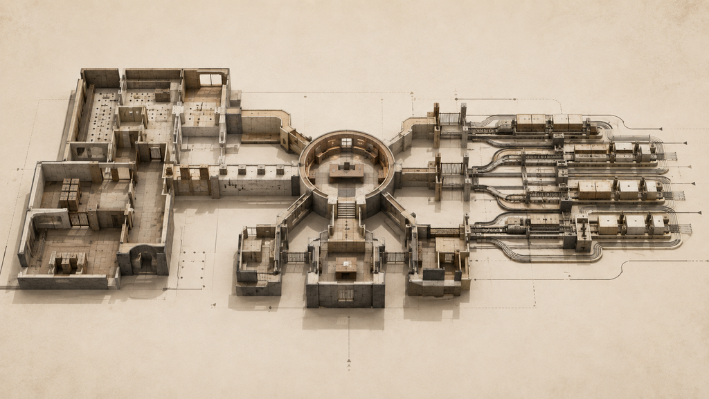 Architectural work structure divided into automated task modules and a smaller human judgment station, illustrating how automation changes work before replacing jobs.