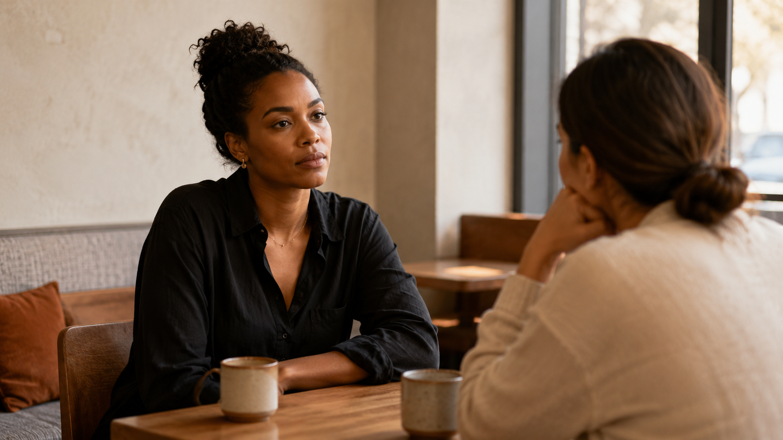 Being misunderstood does not mean you were unclear, shown through two adults sitting across from one another after a calm but unresolved conversation.