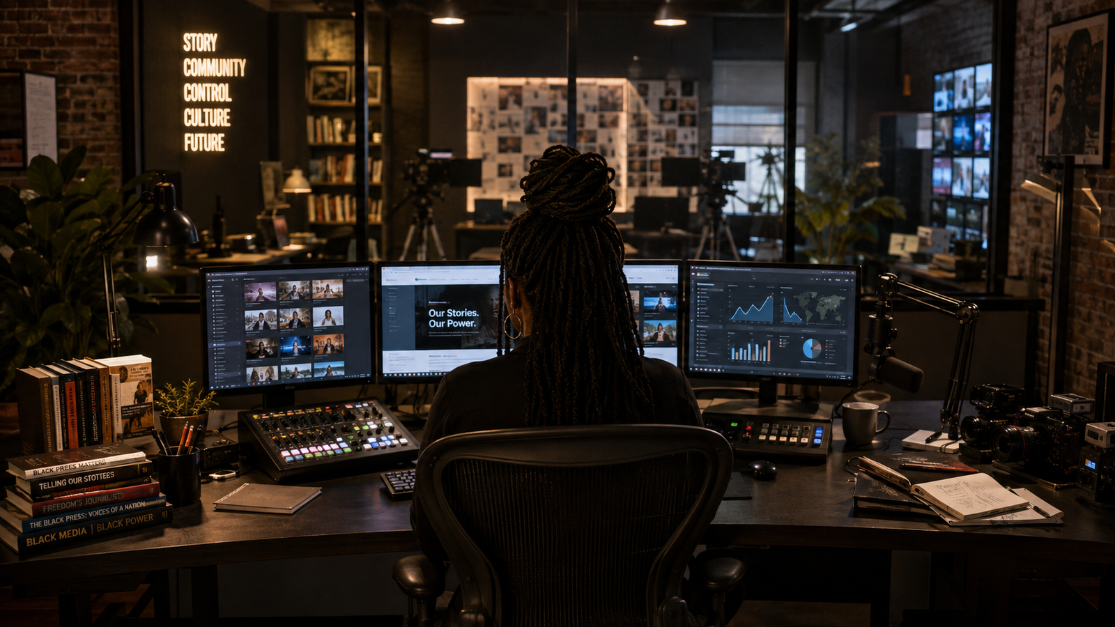 Being Seen Isn't the Same as Being Paid Black media professional directing a modern production studio, representing ownership, editorial control, distribution, and institutional power.