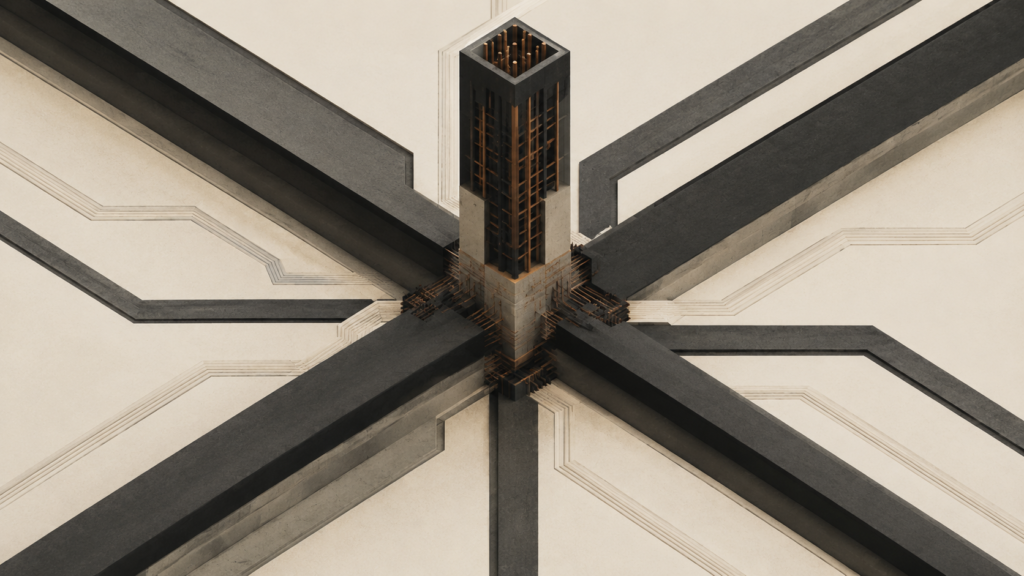 Architectural illustration of the Black male tax and John Henryism showing a central load-bearing structure under sustained pressure and vigilance.