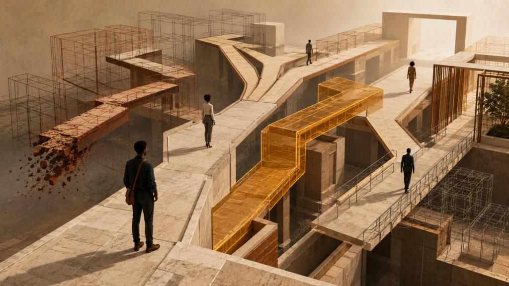Architectural illustration mapping Black workers and automation exposure through changing occupational pathways and career transitions.
