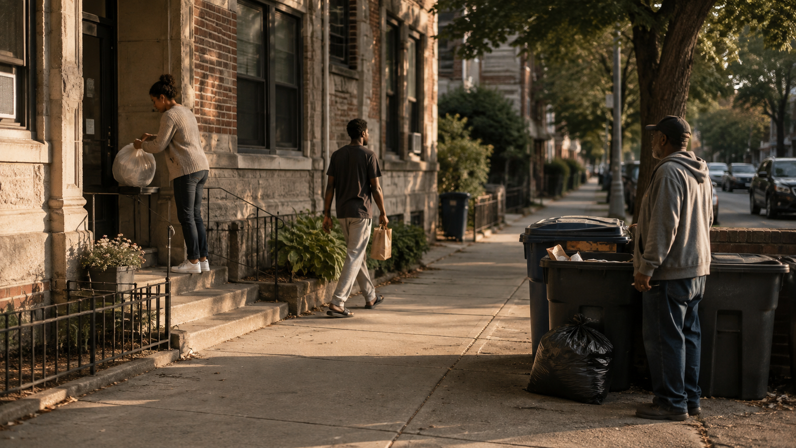 Residents making everyday choices in a shared urban environment, illustrating Block Logic, behavior under pressure, informal rules, incentives, standards, and community responsibility.