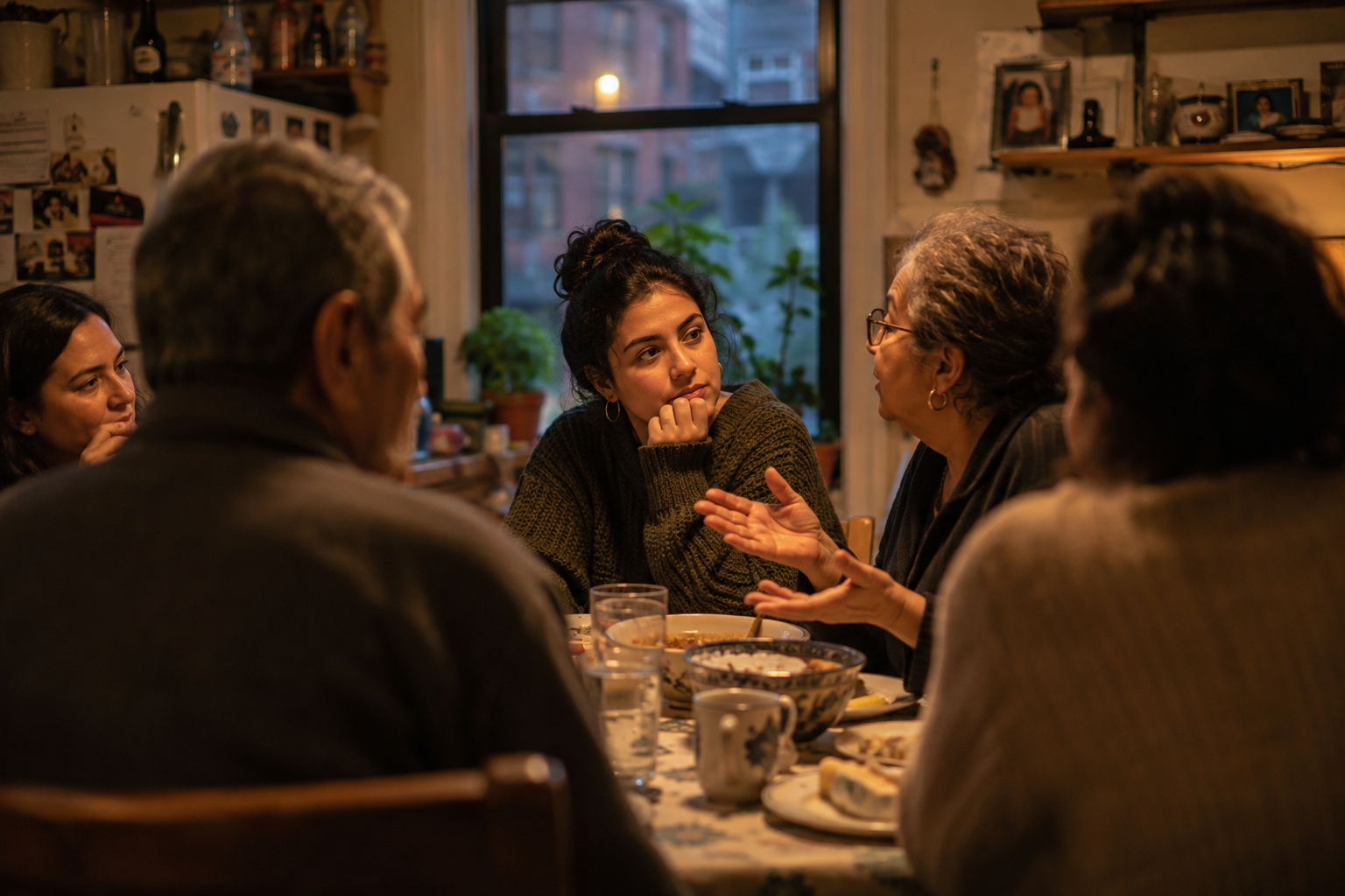A young adult who can understand a language but cannot speak it comfortably listens to an older family member at home.