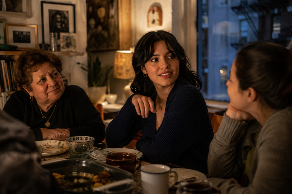 A bilingual young adult shifts between conversations during an evening gathering, reflecting how personality can change in different languages.