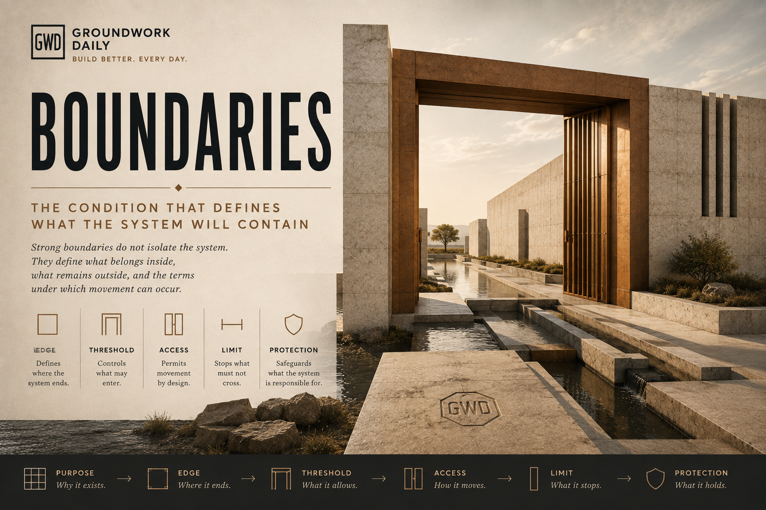 Boundaries shown through Groundwork Daily architecture as deliberate edges, thresholds, controlled access points, limits, and protected structural zones.