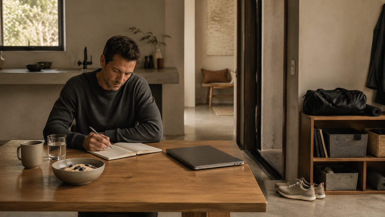 A person using a smaller version of their normal morning routine, showing how to stay productive when tired without demanding full capacity.