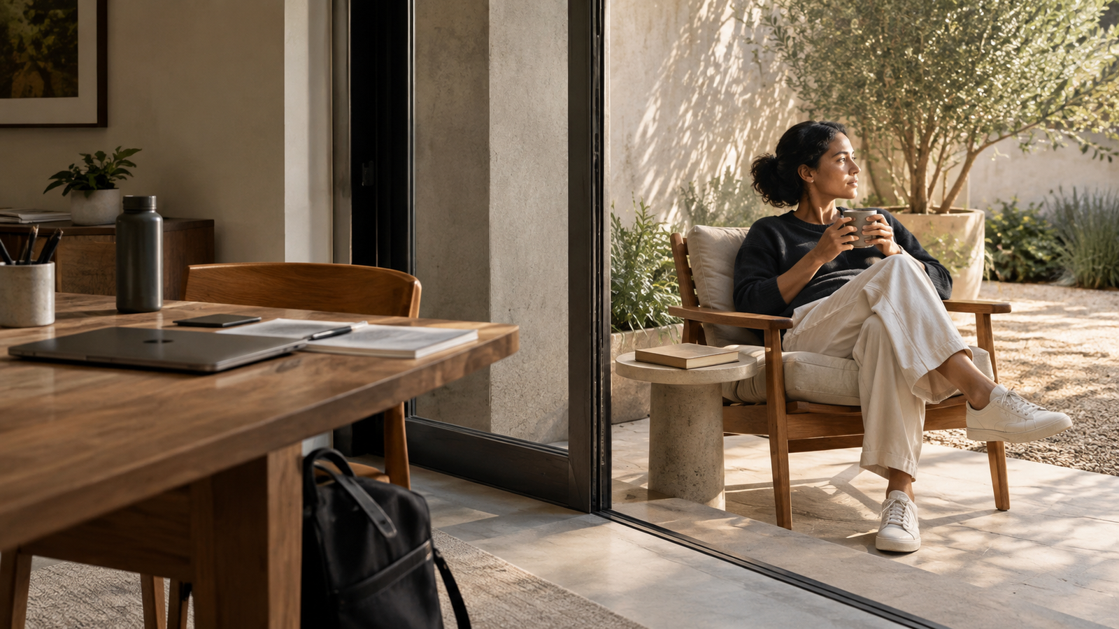 A person taking a protected break from unfinished work, showing how scheduling recovery time gives rest a place in an active day.