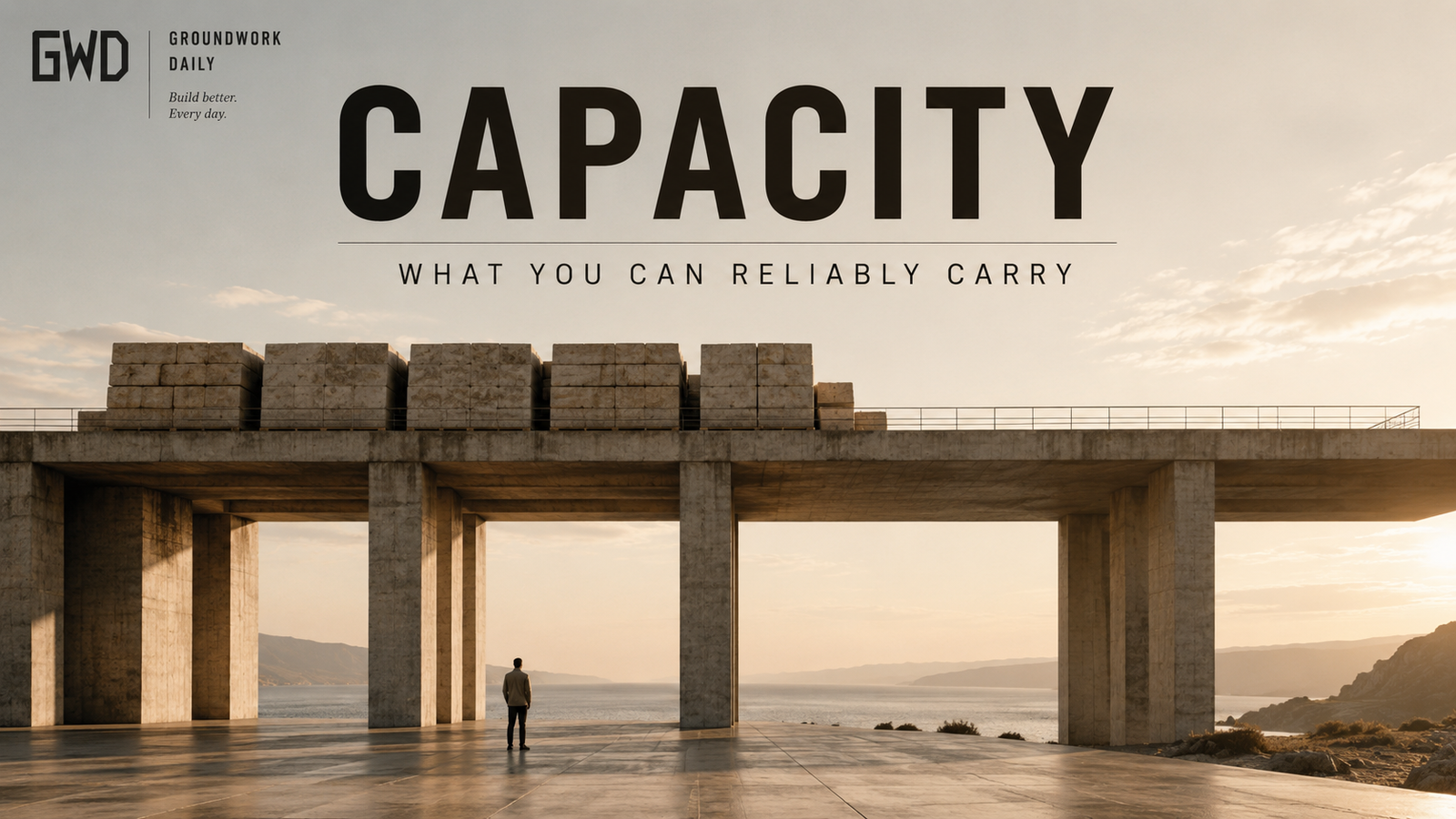 Capacity represented as monumental architecture carrying substantial load while preserving structural stability.