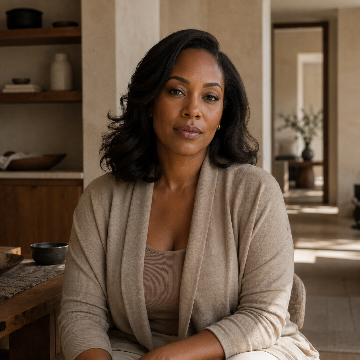 Celeste Monroe, Groundwork Daily builder of House Rhythm and Soul Commentary, in a warm contemporary residential interior.