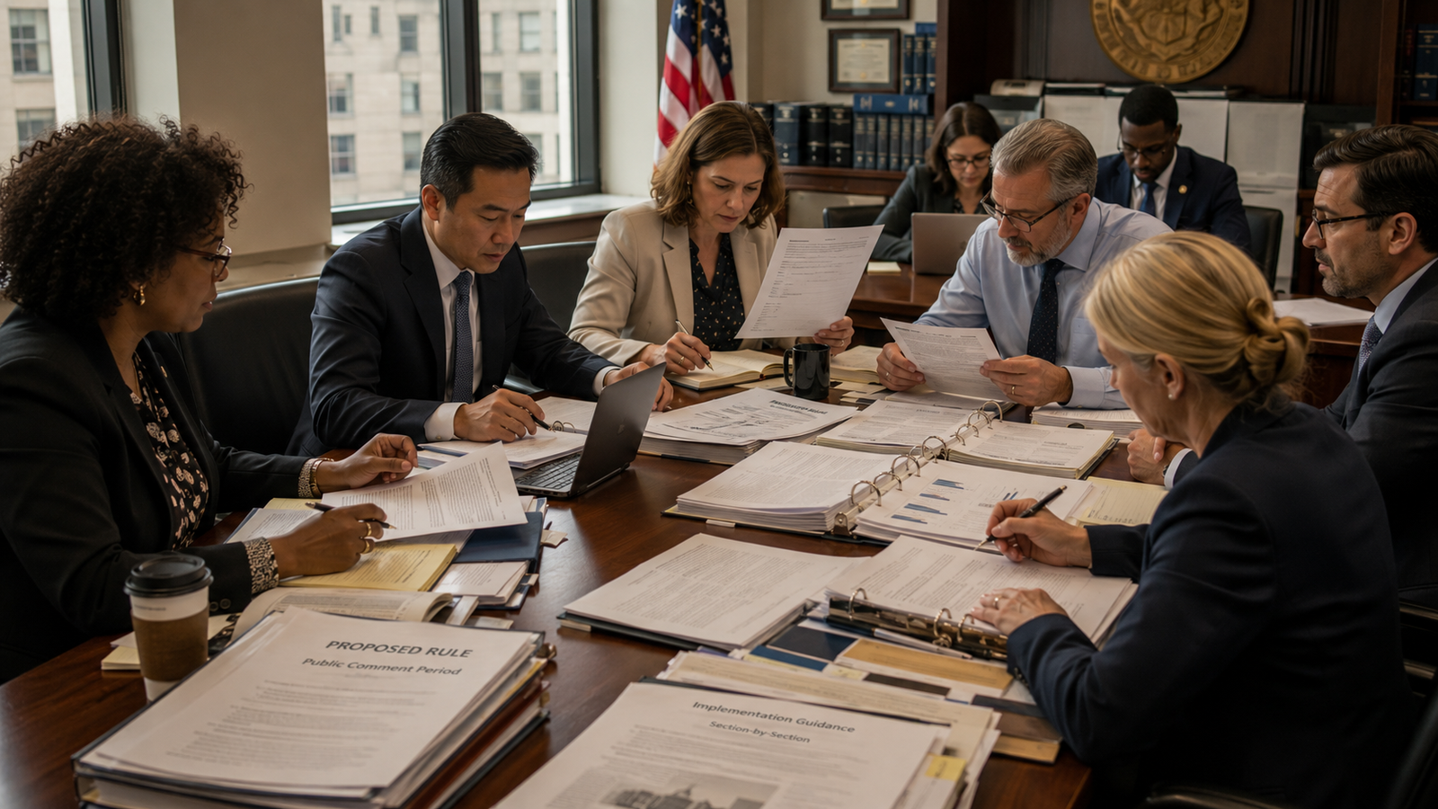 From Law to Government Implementation Government professionals reviewing laws, regulations, and administrative documents during policy implementation
