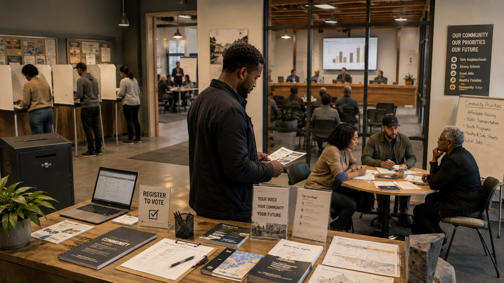 Black community member reviewing voter registration and civic information in a public space representing participation, representation, and accountability beyond Election Day.