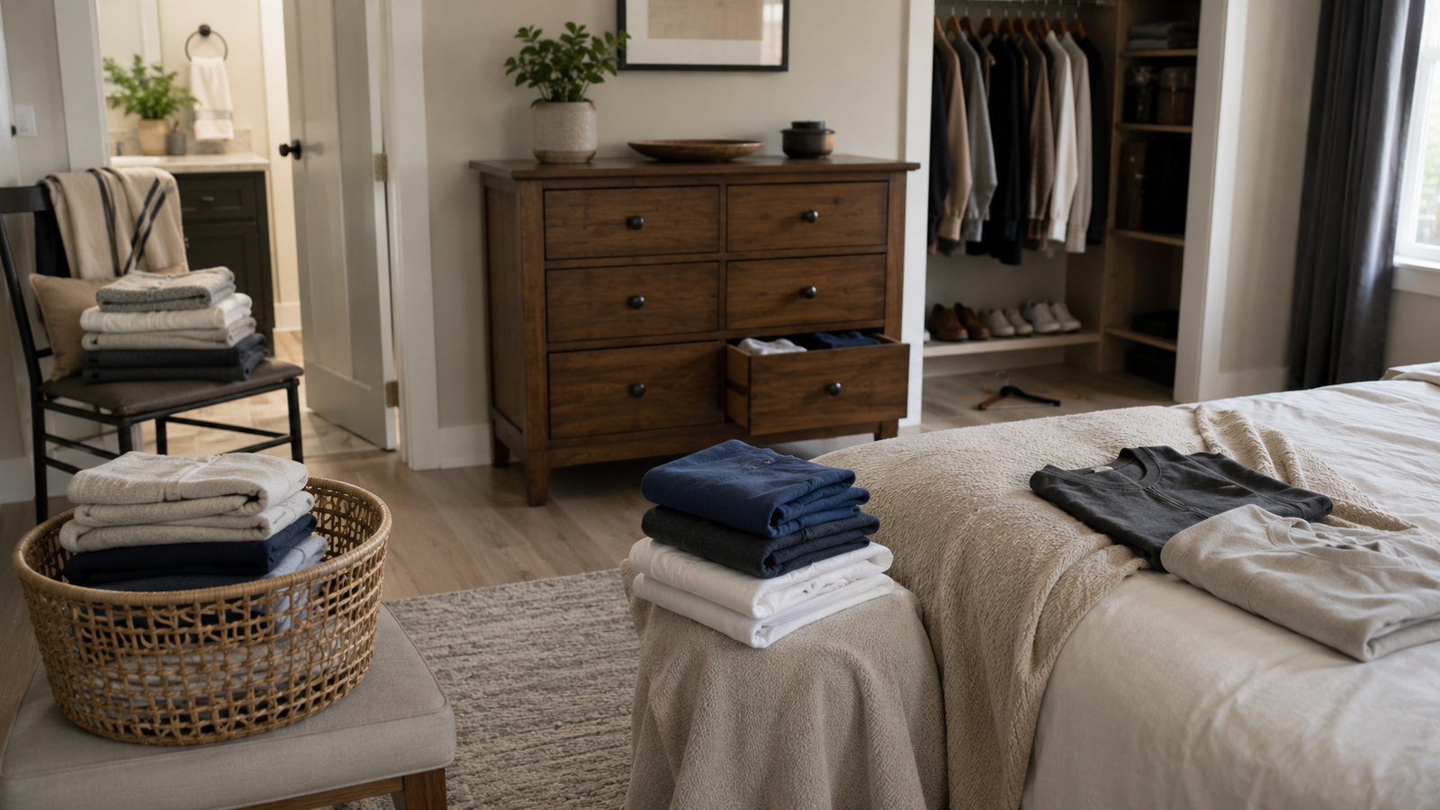 Clean folded laundry waiting in a basket and on a chair near a dresser and closet