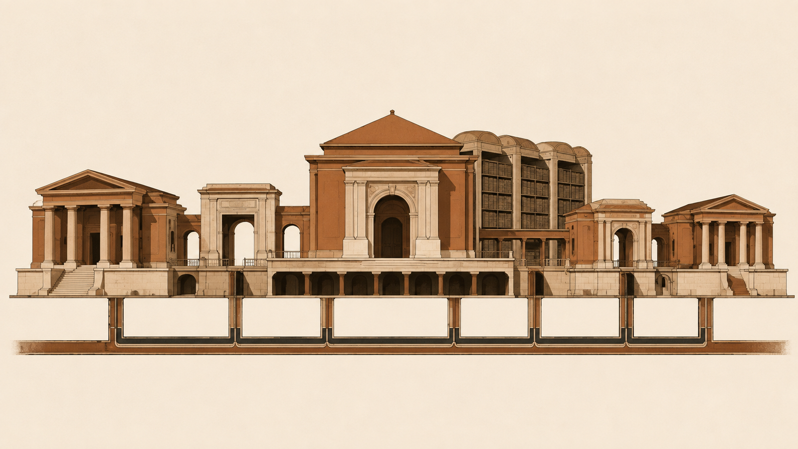 Minimalist civic architecture representing a durable community archive supported by governance, preservation, access, funding, and succession.