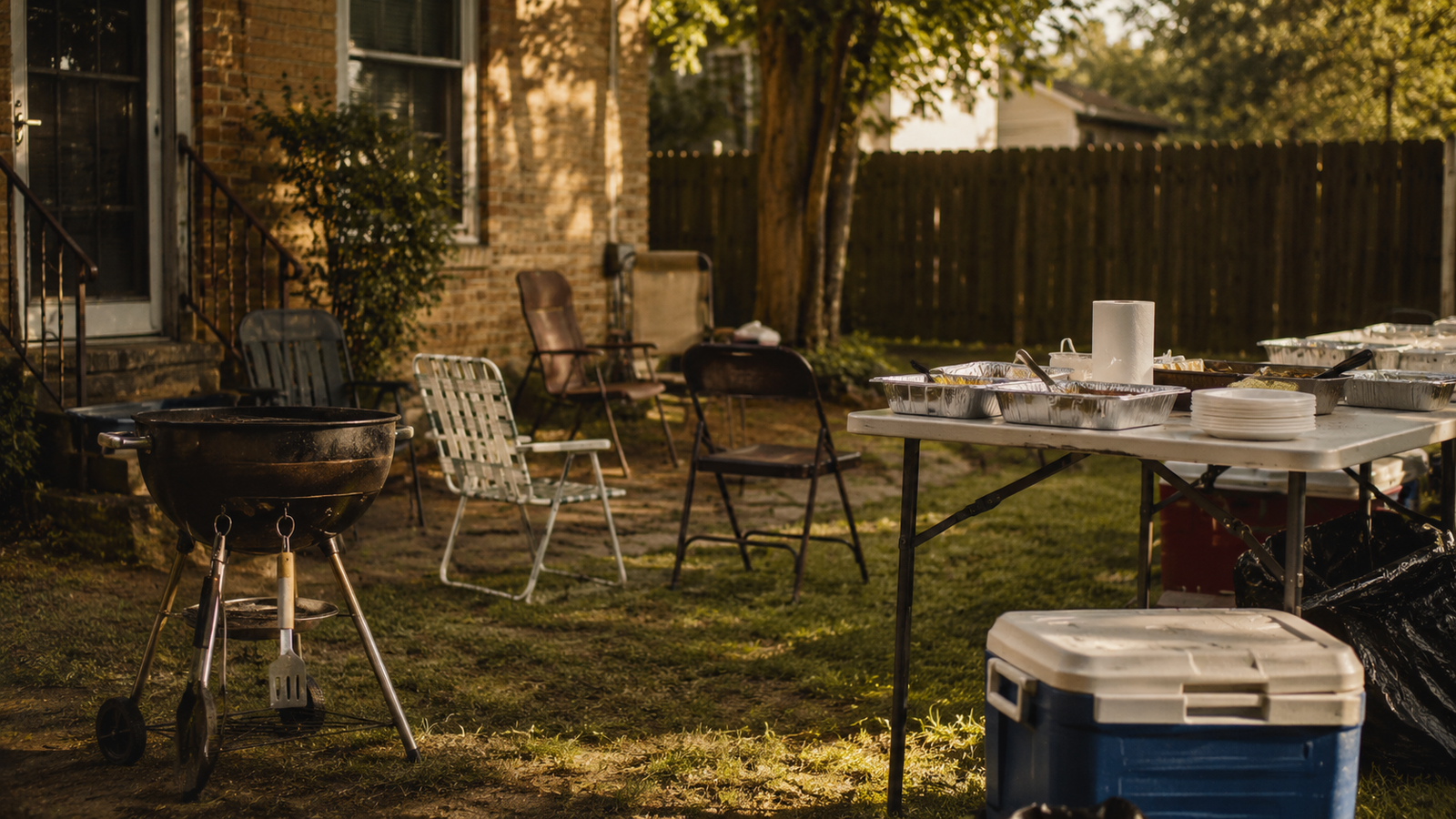 A backyard cookout setup with grill, chairs, cooler, and serving table after a family gathering.