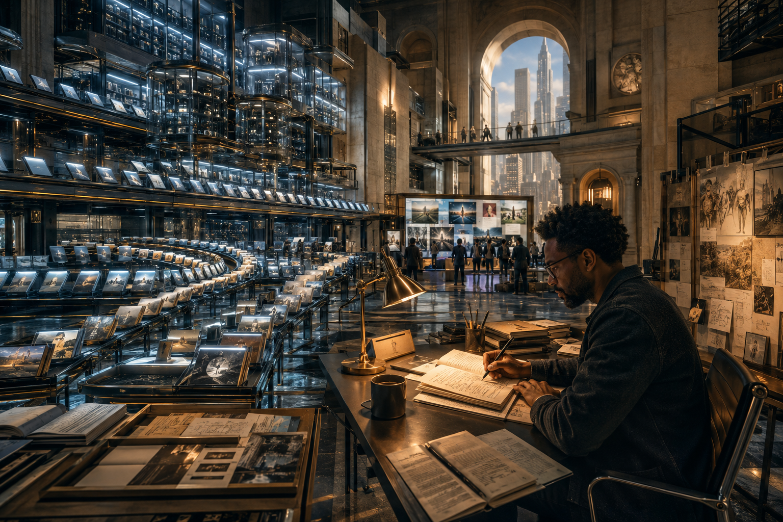 The human premium in the AI age illustrated by a Black creator working within an AI-assisted cultural production system where abundant synthetic output contrasts with traceable human authorship, judgment, provenance, and trust.