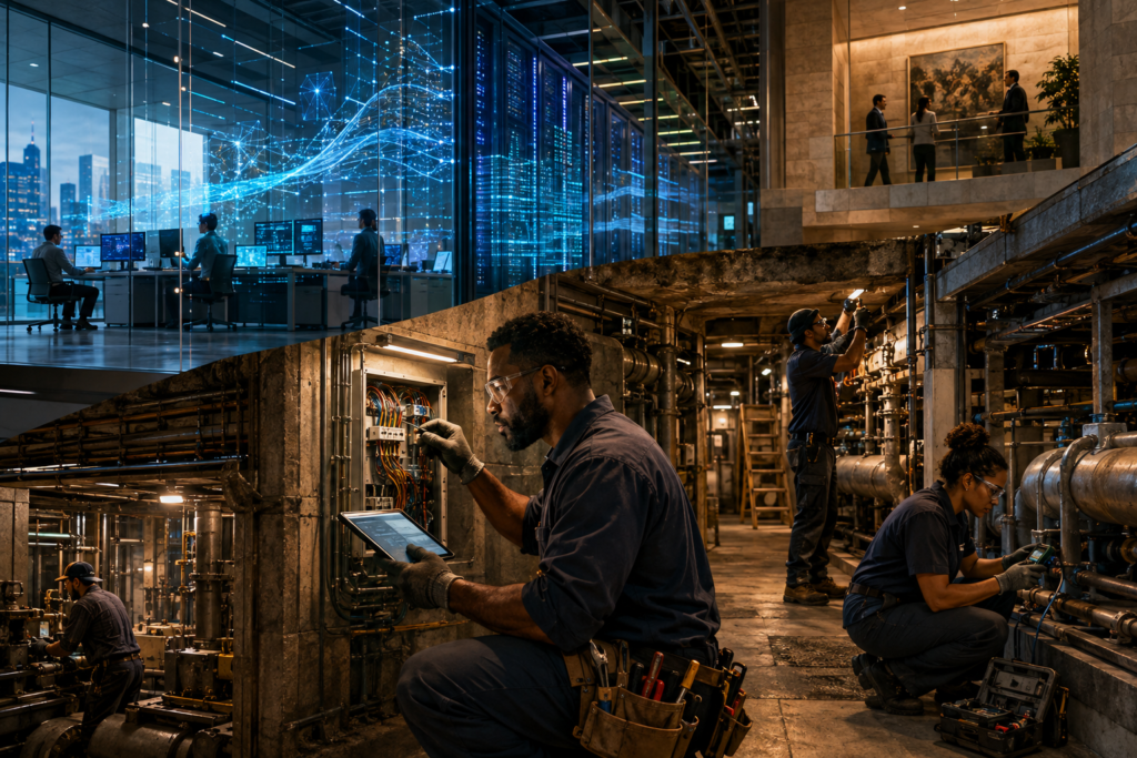 Skilled workers diagnosing and maintaining complex physical infrastructure alongside AI-assisted systems, illustrating why skilled trades retain advantages as artificial intelligence transforms work.