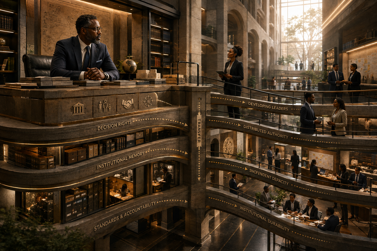 Succession planning and leadership continuity illustrated through Black leaders transferring knowledge, decision authority, relationships, and organizational responsibility across a durable institutional structure.
