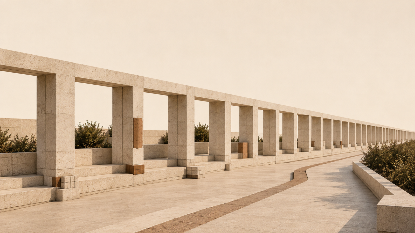 Minimalist architectural illustration representing everyday structure through repeated limestone forms, maintenance, consistency, correction, and continued alignment.