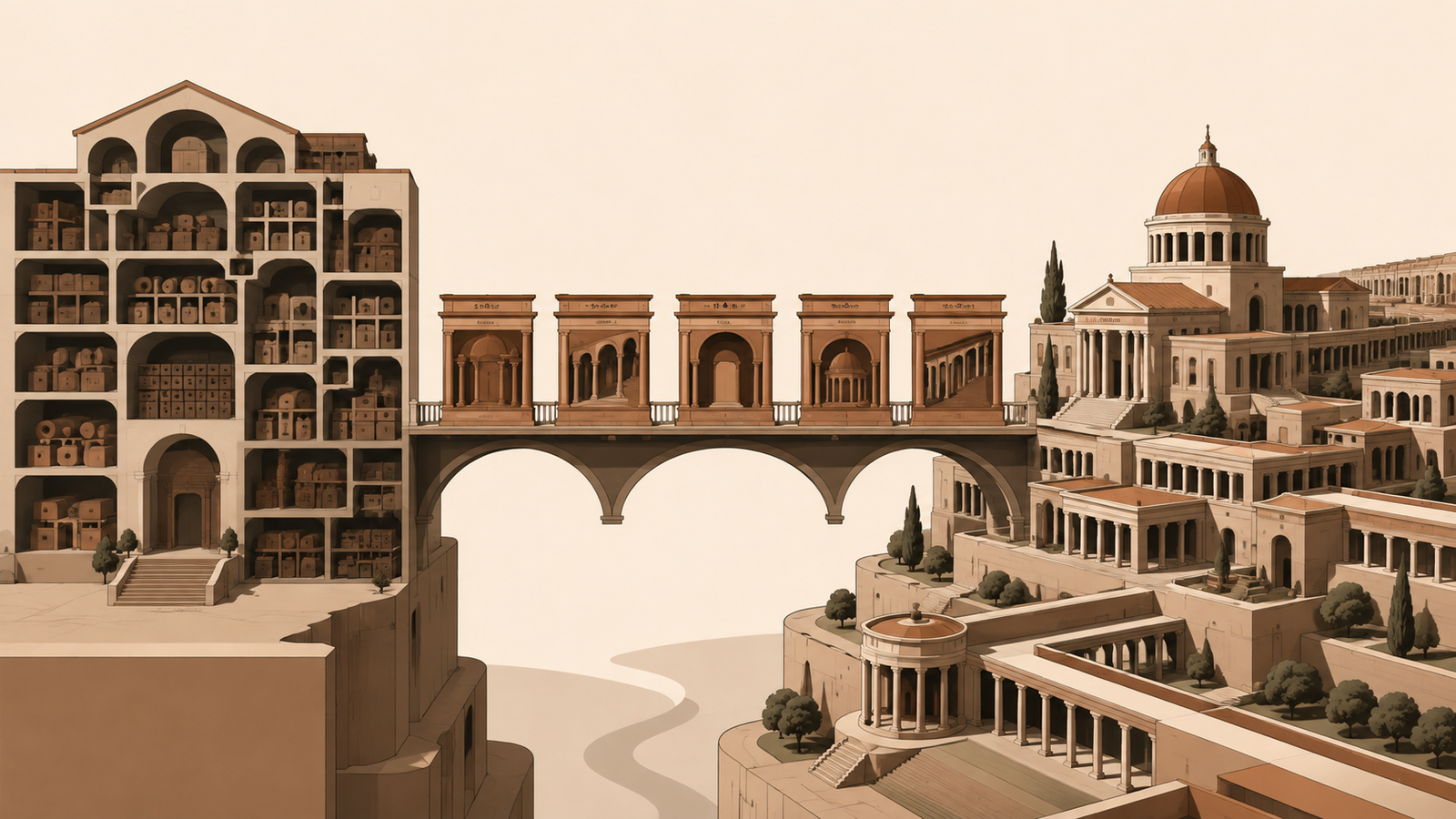 Architectural comparison between an isolated collection and a governed institution with preservation, funding, documentation, and succession systems.