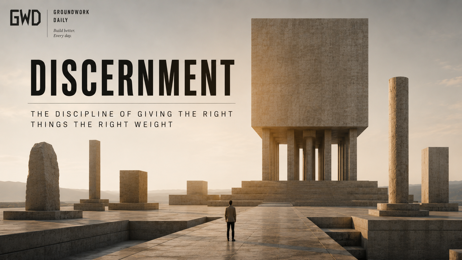 Discernment: The Condition That Gives the Right Things the Right Weight | Groundwork Daily Discernment represented through monumental architectural forms receiving different structural weight according to importance and consequence.