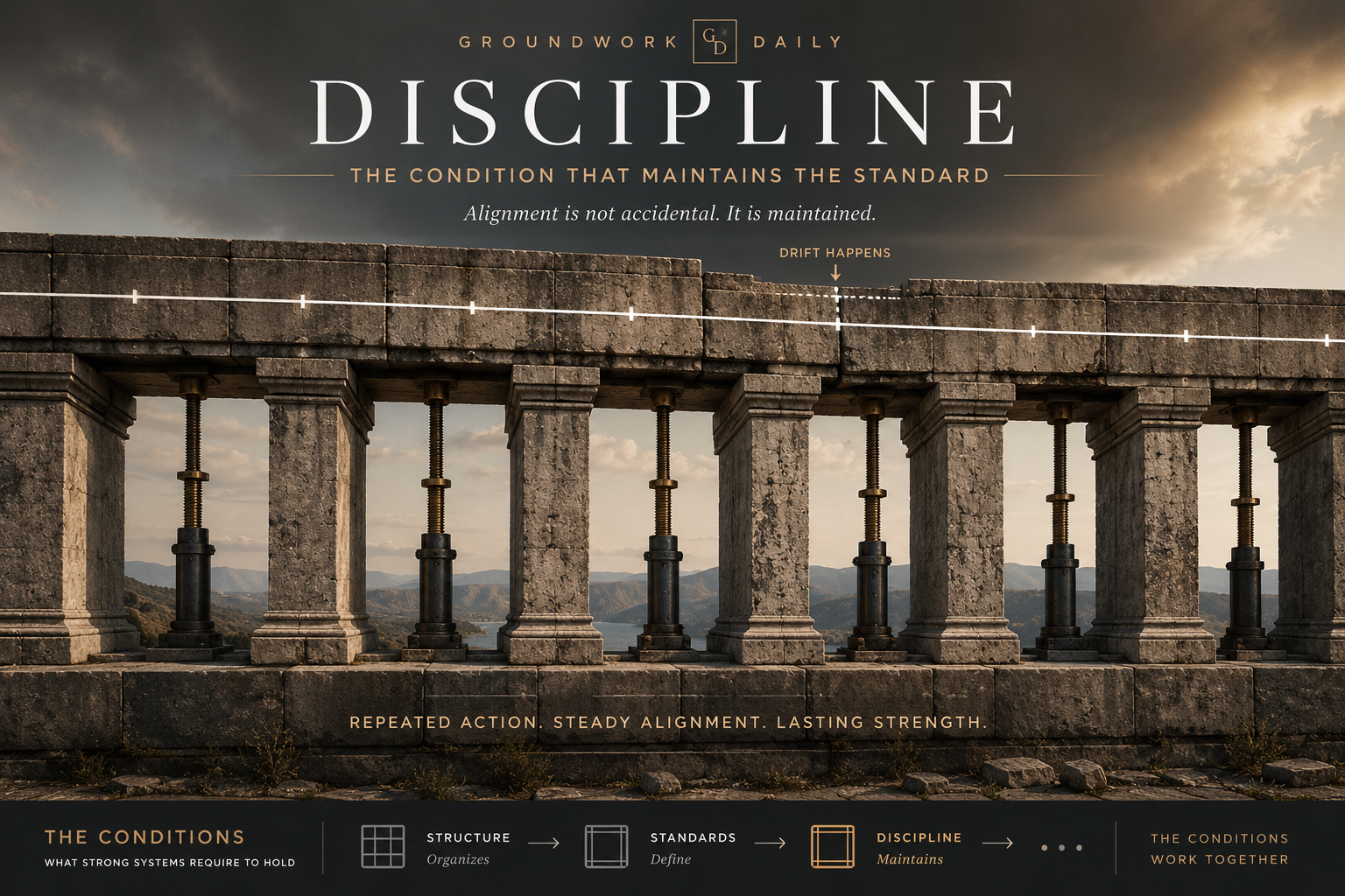 Discipline illustrated as repeated architectural supports that maintain a structural standard and correct drift over time.
