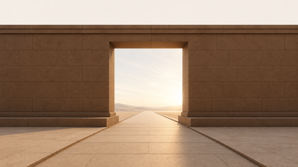 A minimalist architectural wall with a single open passage and continuous pathway beyond, symbolizing God's forgiveness, restoration, grace, and a renewed journey after failure.