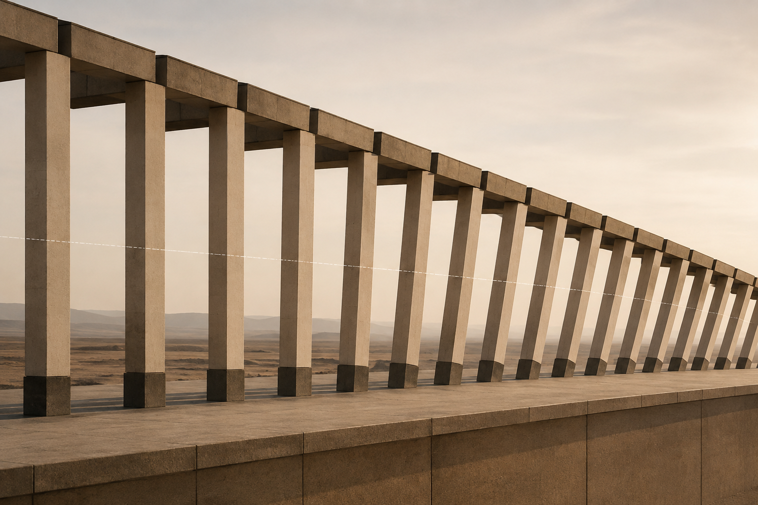 Architectural columns gradually move out of alignment from a shared reference line, illustrating how drift accumulates.