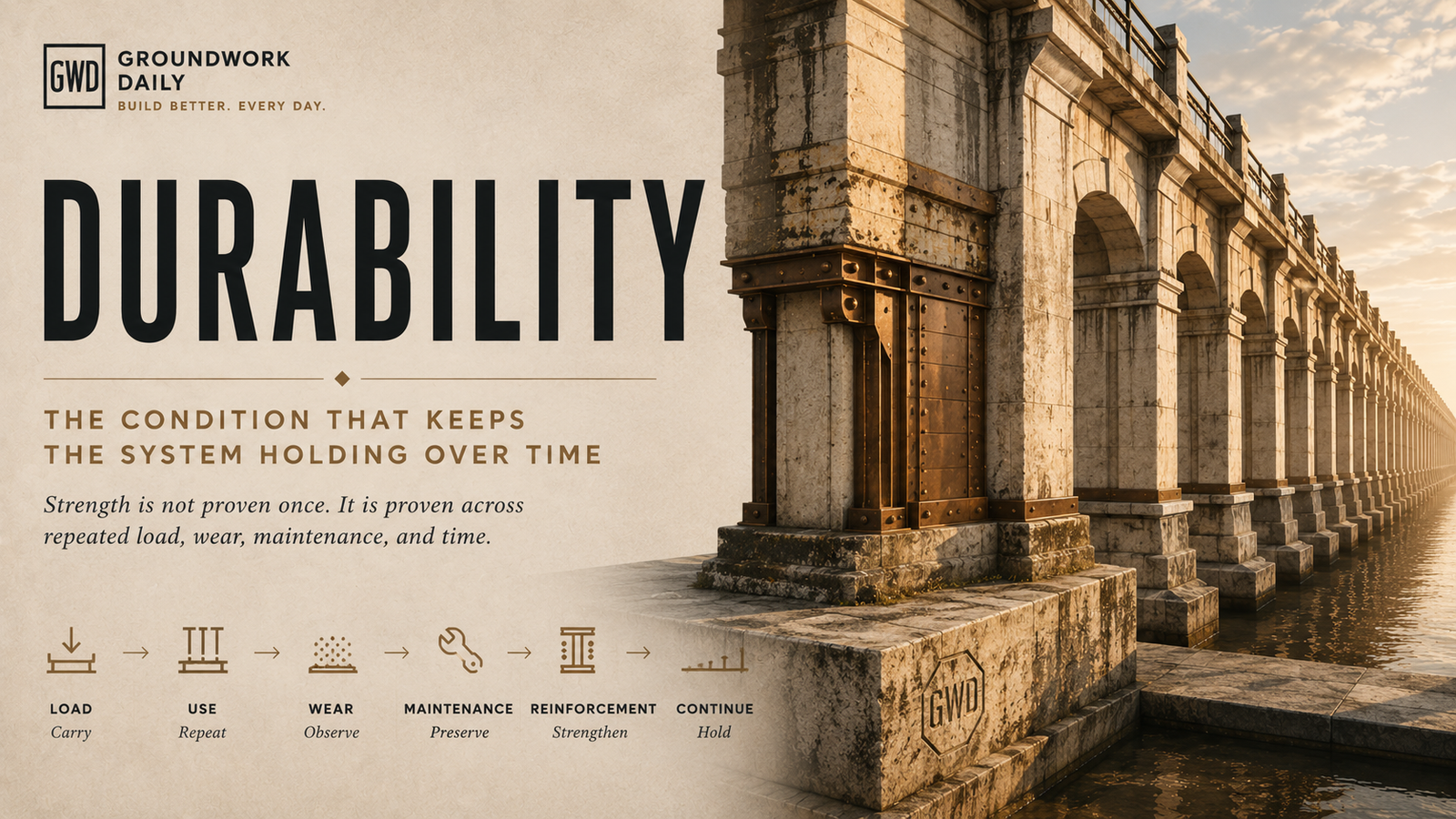 Durability shown through Groundwork Daily architecture as a weathered structural system maintained and reinforced so it continues carrying load over time.