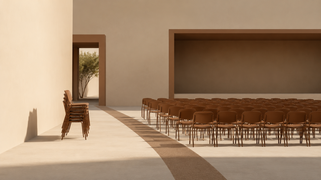 Minimalist editorial illustration showing rows of prepared chairs and a remaining stack, representing the unseen work that builds community.
