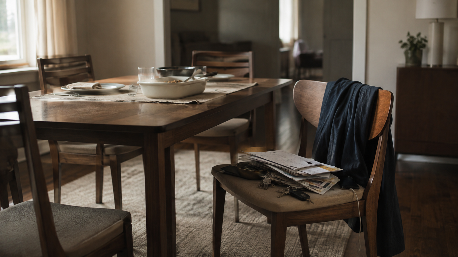 Family roles in adulthood represented by everyday responsibilities collected around one chair at a family dining table.