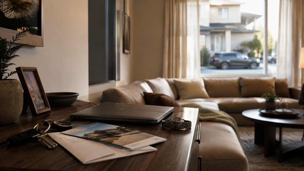 A comfortable living room with subtle symbols of financial success and aspiration arranged near a window.